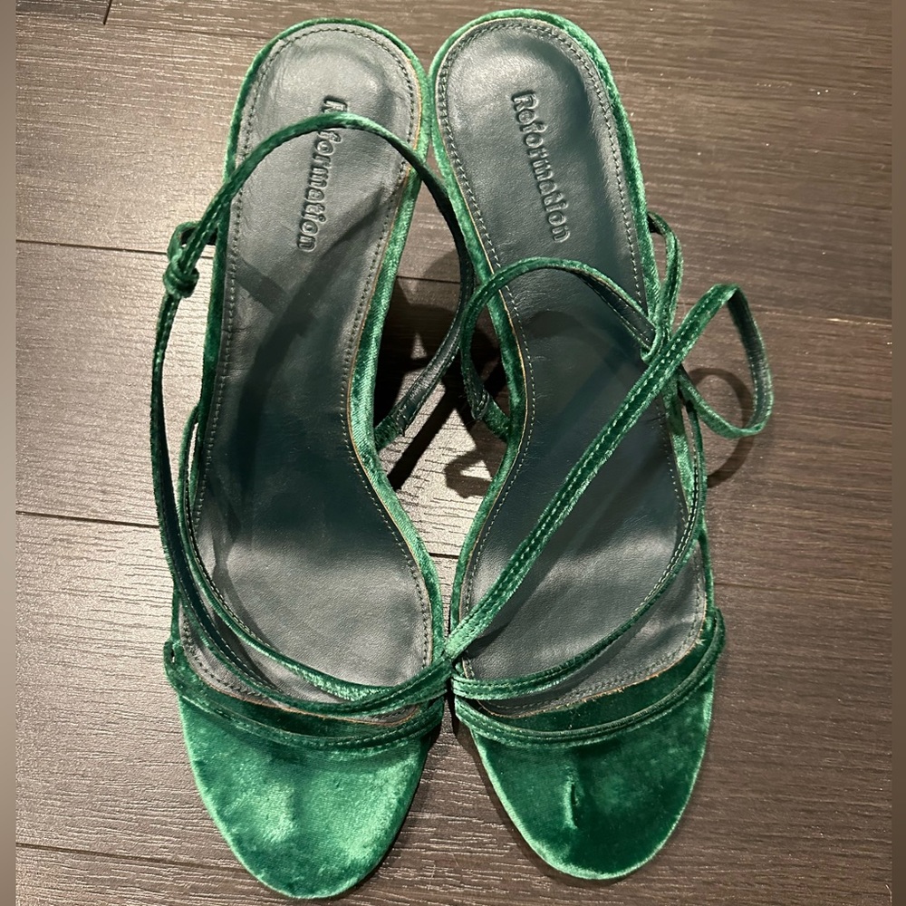 Reformation Green Velvet heeled sandals